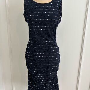 Anthro Navy Sleeveless Midi Dress with Dotted Pattern, ruched sides